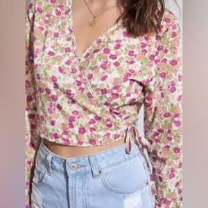 Antistar Floral Plunging V-neck Wrap Ribbed Knit Long Sleeve Cropped Top w Tie